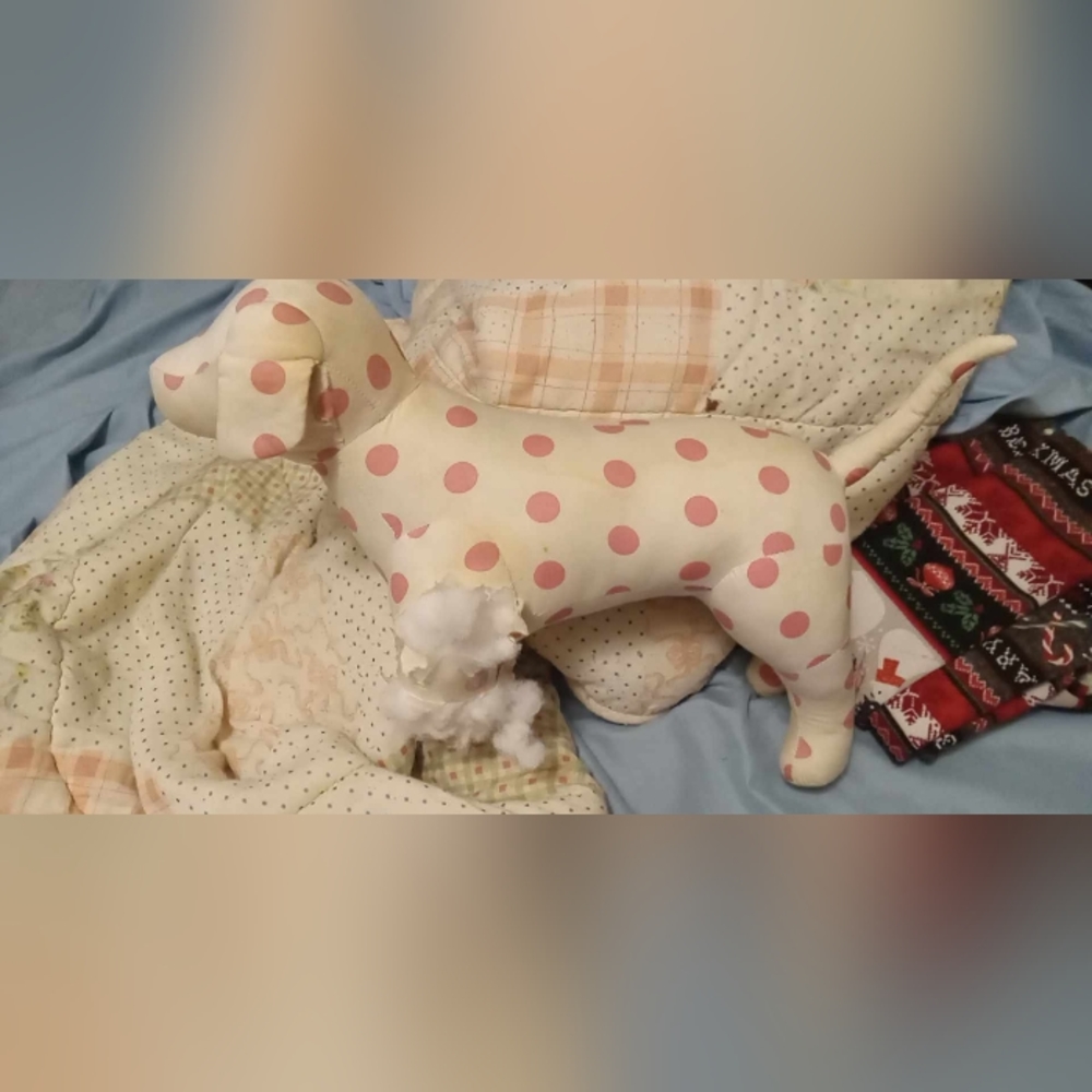 White and pink polkadot dog FLAWED!!! DAMAGED
